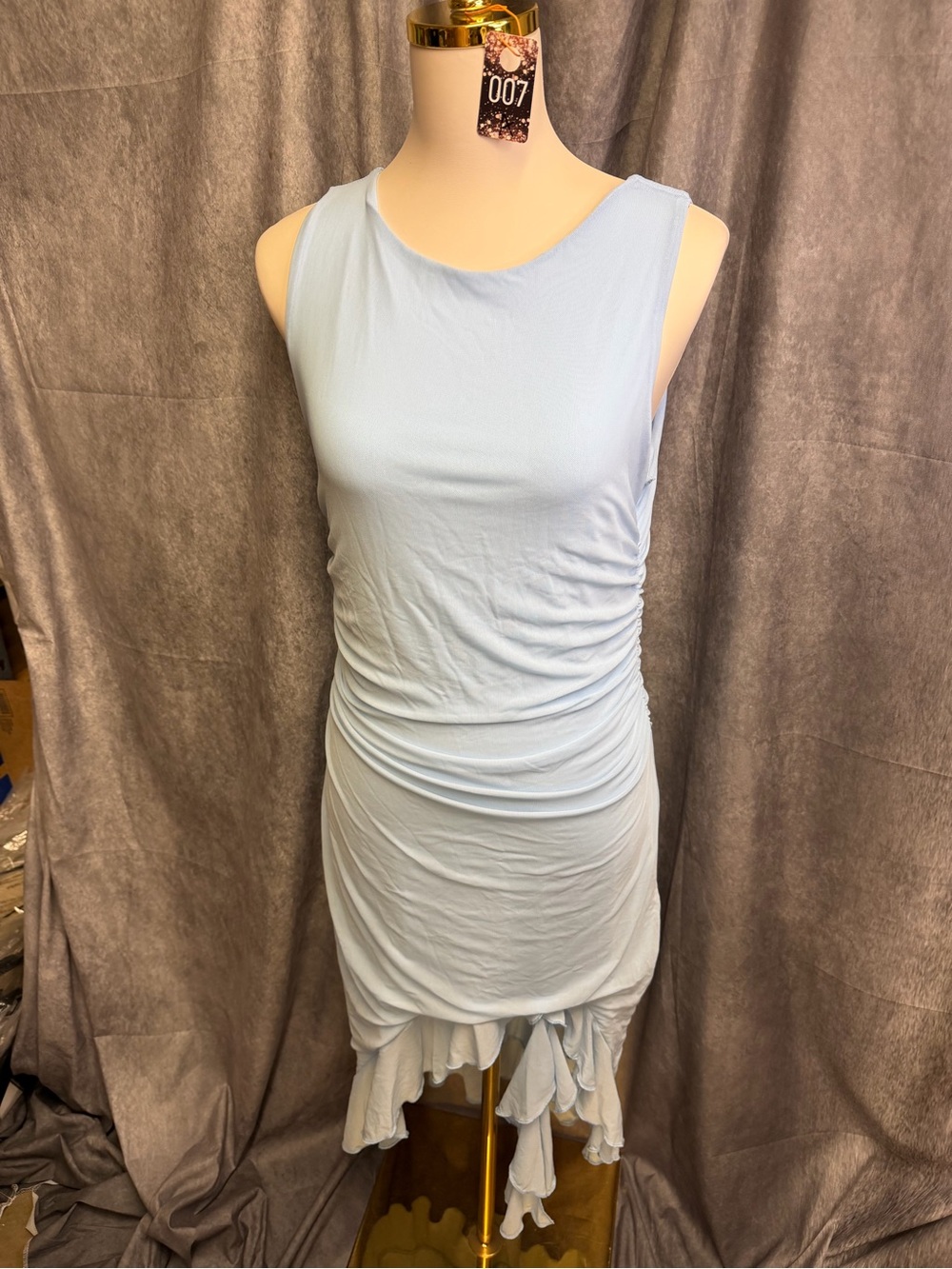 Asymmetrical Light Blue Ruched Midi Dress